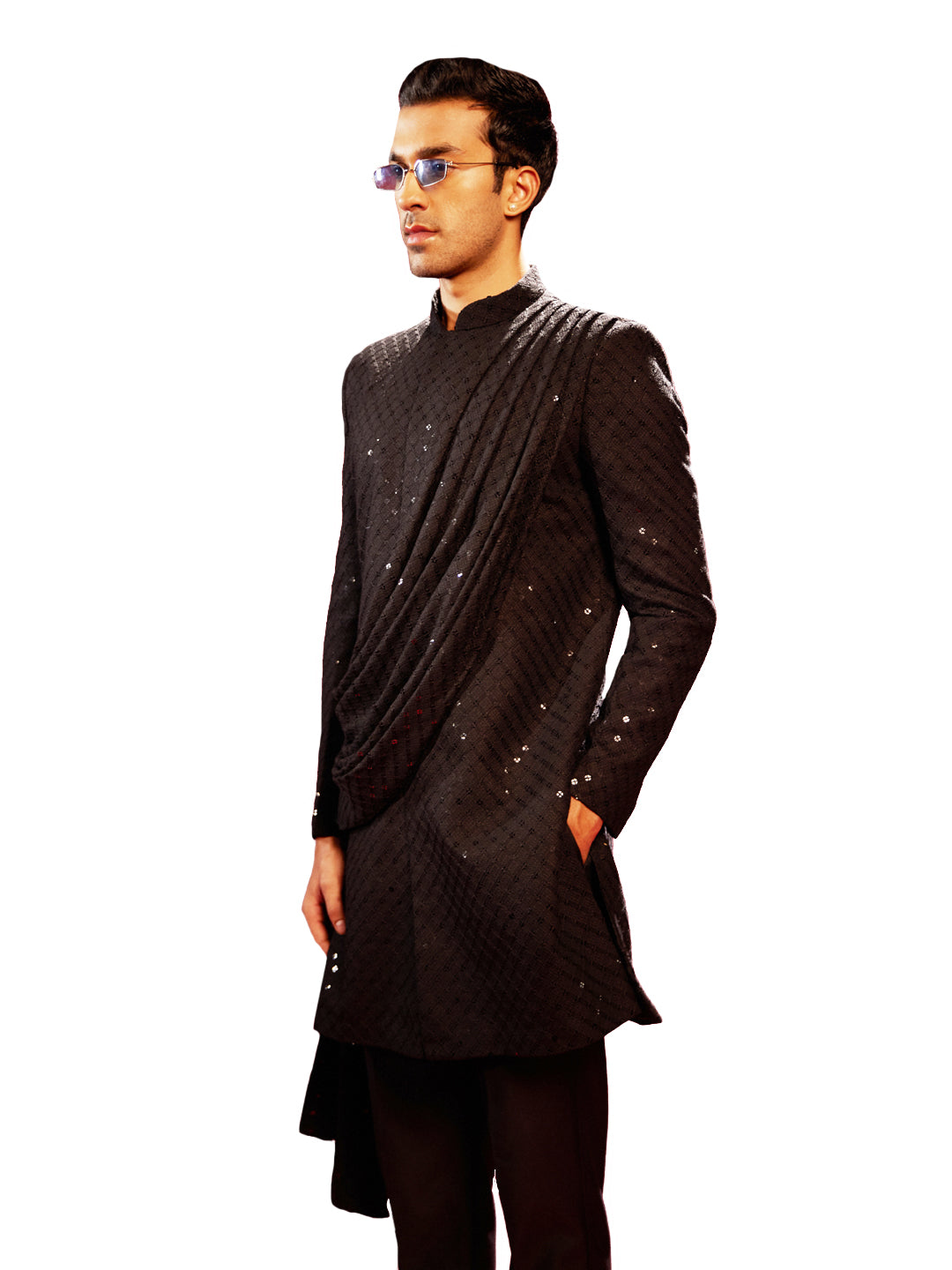 Men's Black Silk Blend Sherwani Set