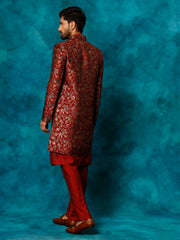 Men's Red Viscose Sherwani Set