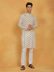 Men's Cream And Whiite Cotton Kurta And Pyjama Set