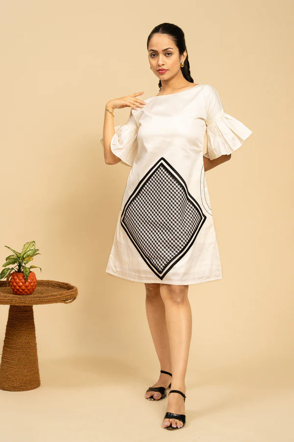  Women White And Black Checks Viscose Cotton A Line Short Dress