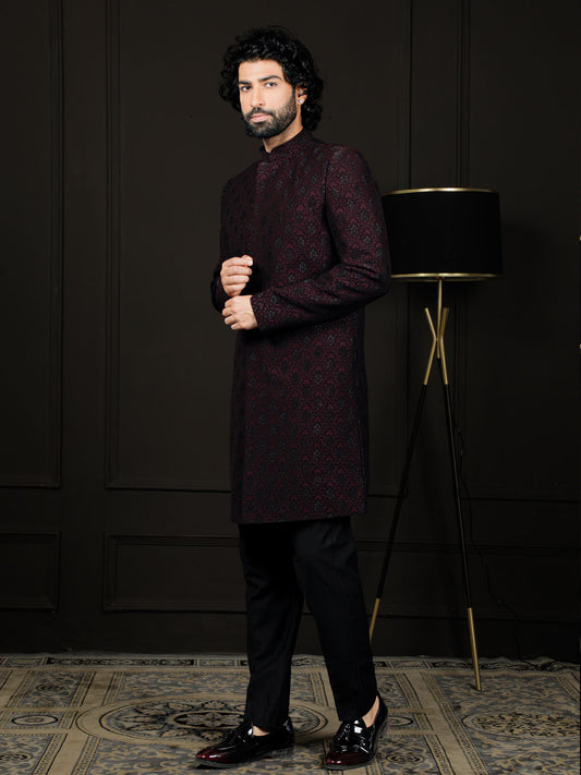 Men's Wine Silk Blend Sherwani Set