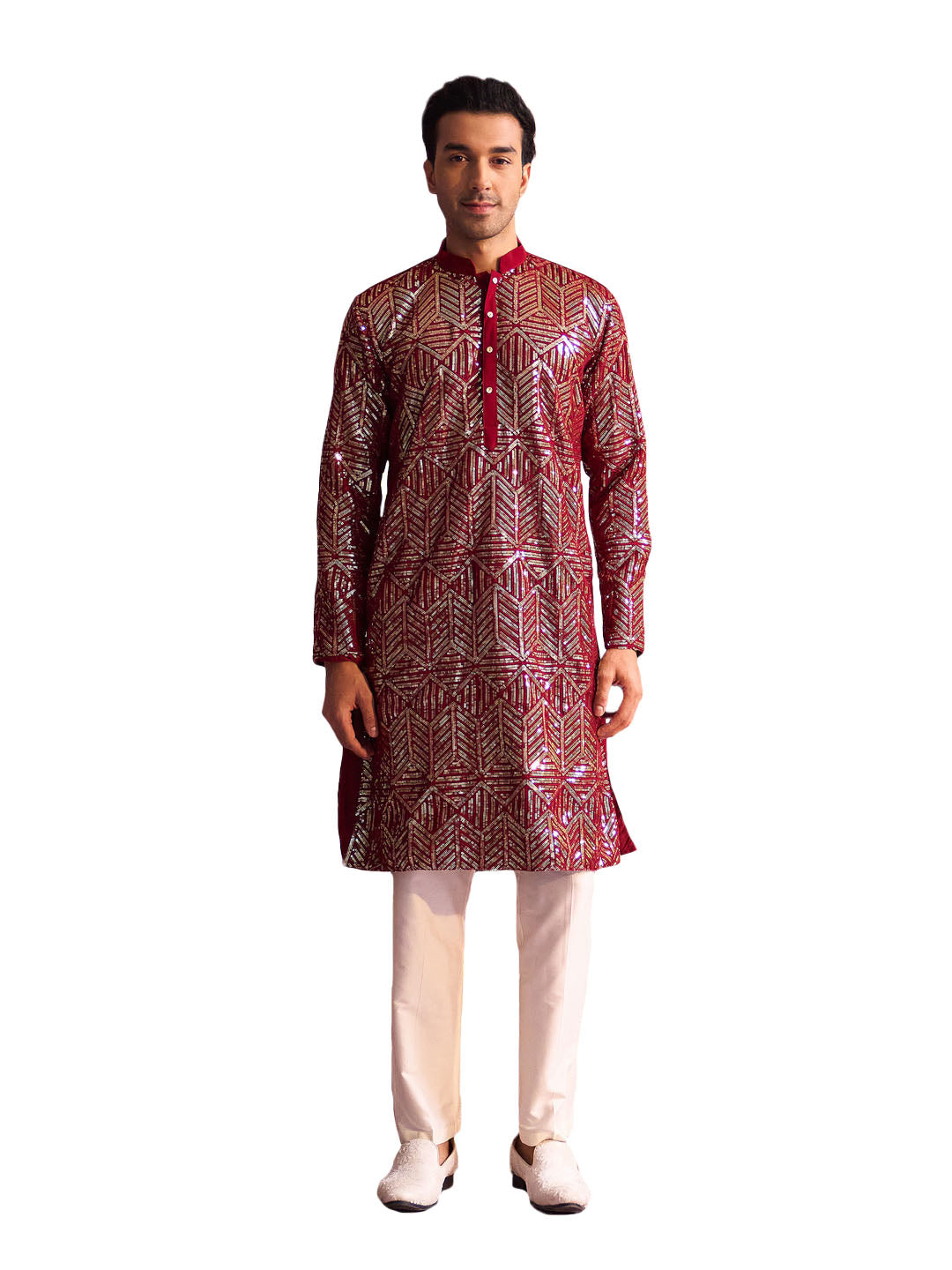 Men's Maroon And Cream Georgette Kurta Pyjama Set