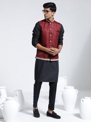 Men's Maroon And Black Cotton Silk Jacket, Kurta and Pyjama Set