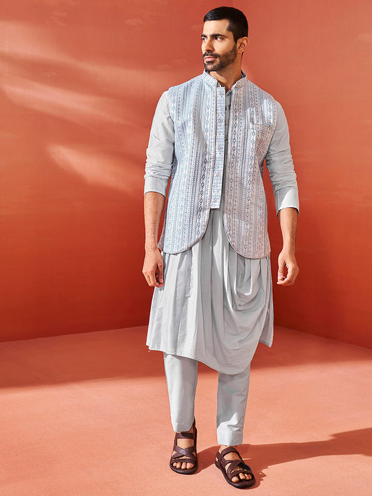 Men's Aqua Viscose Jacket,Kurta And Pyjama Set.