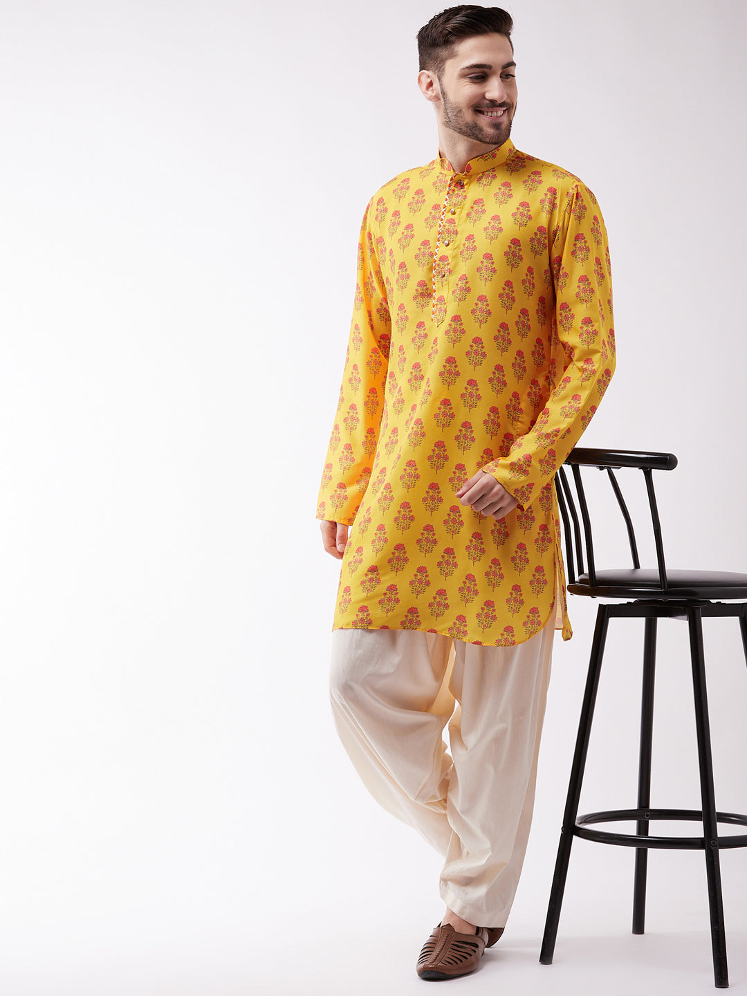 Men's Multicolor-Base-Mustard Muslin Kurta