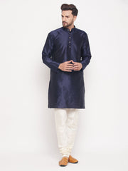 Men Navy Blue Silk Blend Kurta