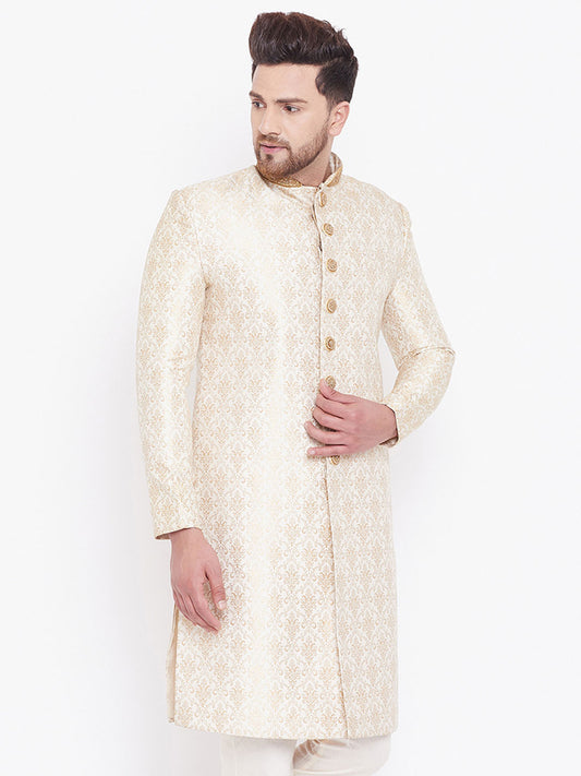 Men's Beige And Gold Silk Blend Sherwani Only Top