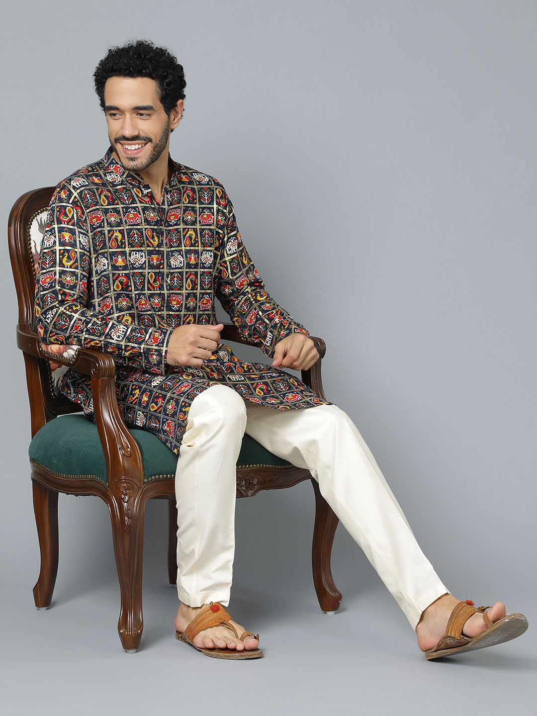 Men's Navy Blue And Cream Rayon Kurta Pyjama Set