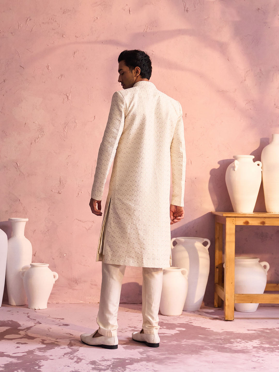 Men's Cream Silk Blend Sherwani Set