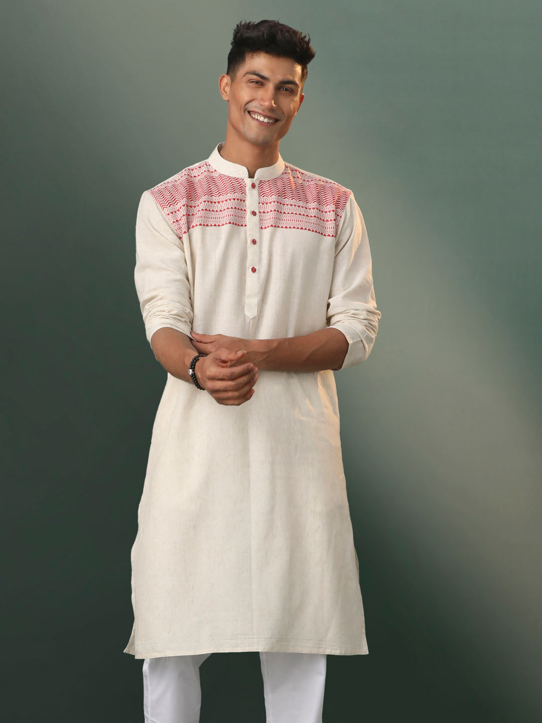 Men's Cream And Red Cotton Kurta