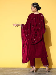 maroon embroidered kurta set with embroidered dupatta