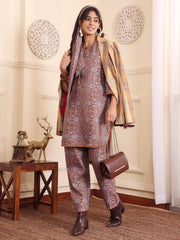 Women Camel Brown Printed Winter High-Low  Co-Ord  Set