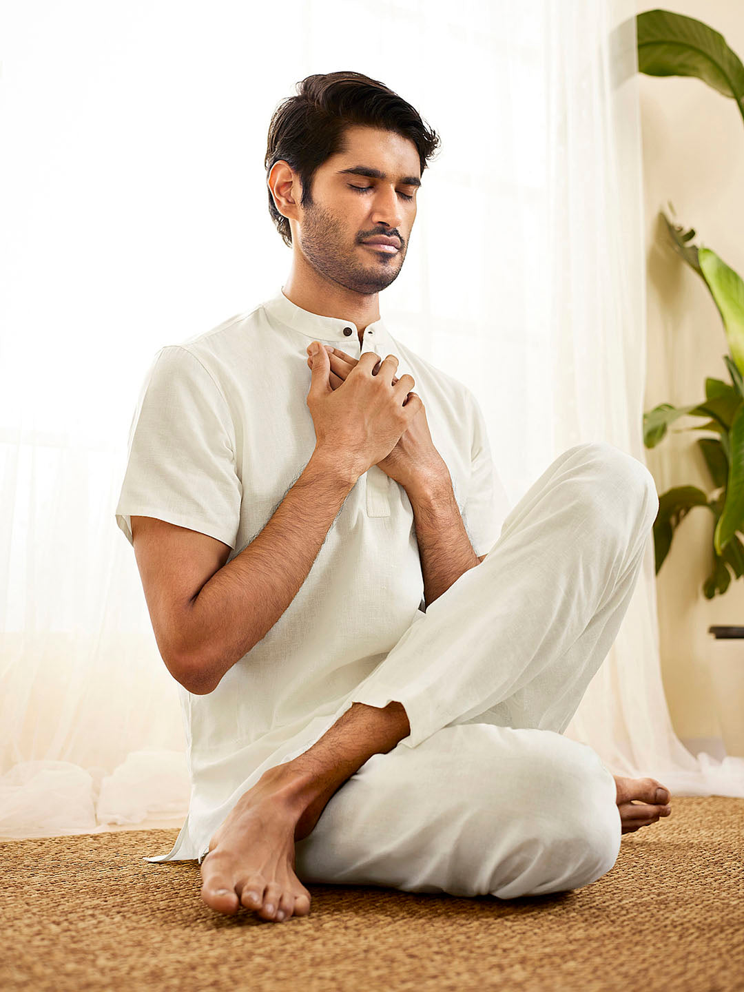 Men's White Cotton Short Kurta