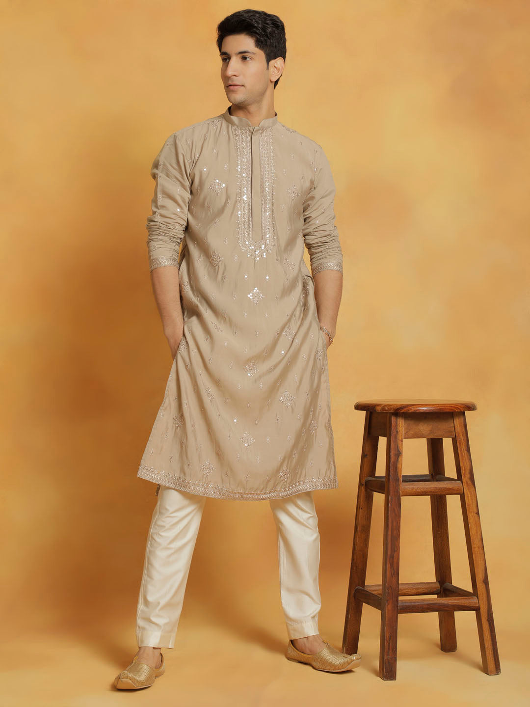 Men's Gray Silk Blend Kurta