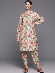 Women Beige Geometrical Printed Straight Kurta With Bishop Sleeves Paired With Tonal Printed Dhoti Style Bottom