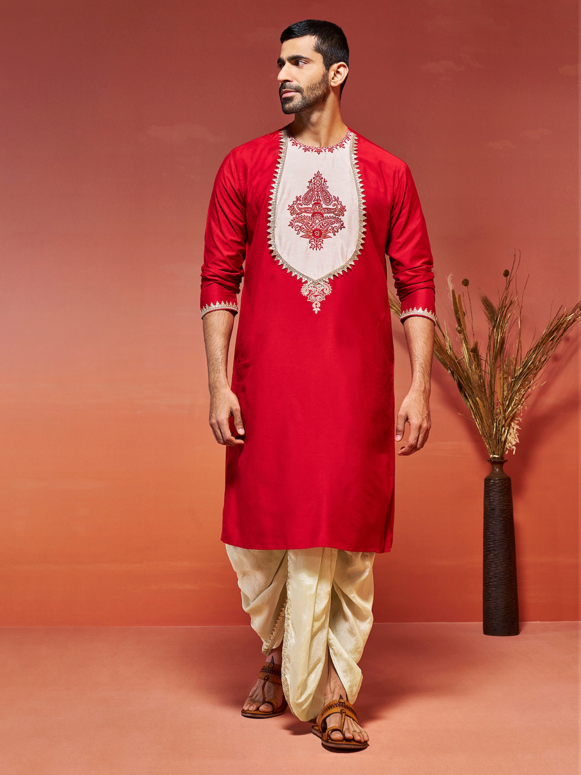 Men's Red Viscose Kurta And Dhoti Set