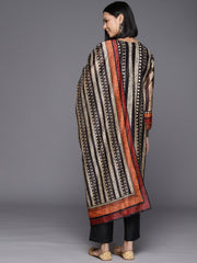 Women Grey And Black Stripe Printed Straight Kurta Paired With Solid Black Bottom And Printed Dupatta