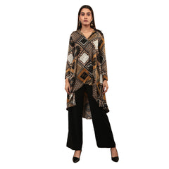 High Low Flared Kurta Brown Scarf Print