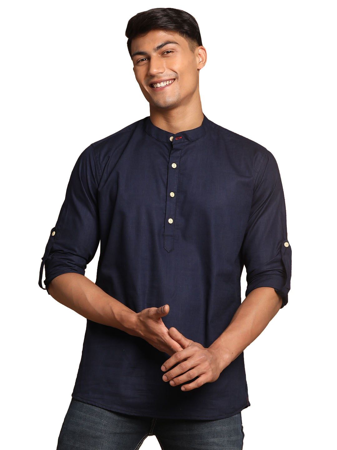 Men's Navy Blue Cotton Blend Short Kurta