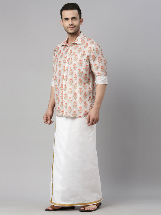 Men's Multicolor-Base-Beige And White Muslin Shirt And Mundu