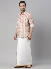 Men's Multicolor-Base-Beige And White Muslin Shirt And Mundu