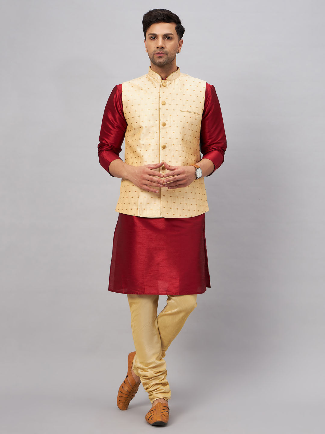 Men's Maroon And Gold Silk Blend Jacket, Kurta and Pyjama Set