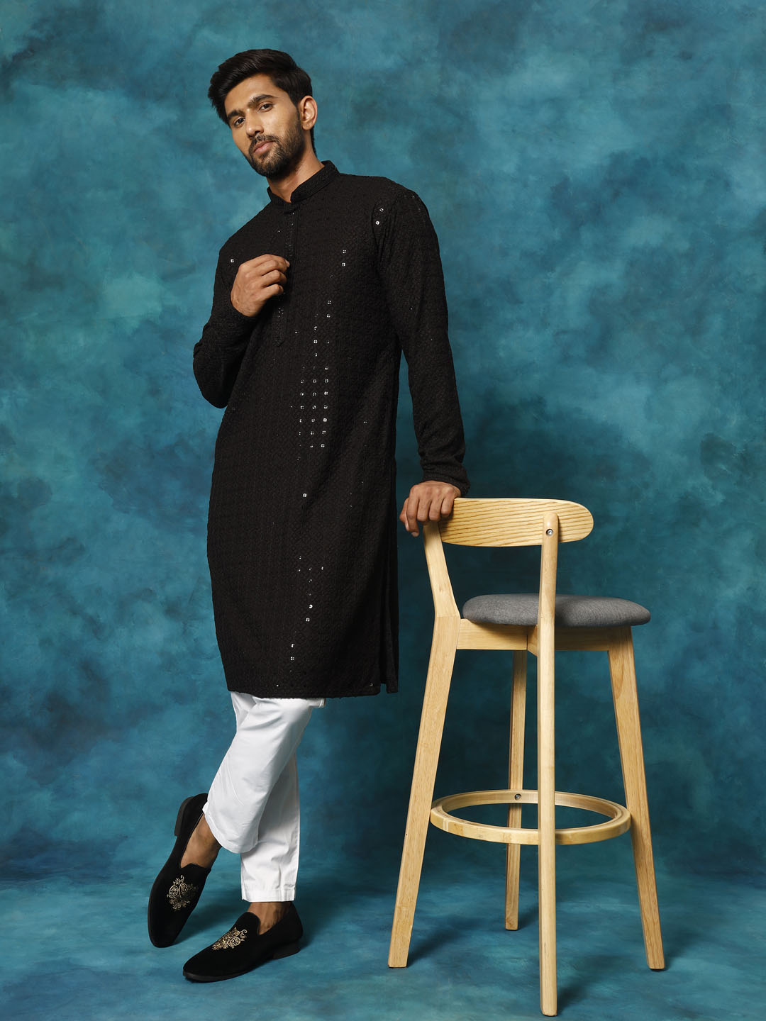 Men's Black And White Rayon Cotton Kurta Pyjama Set