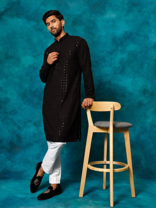 Men's Black And White Rayon Cotton Kurta Pyjama Set