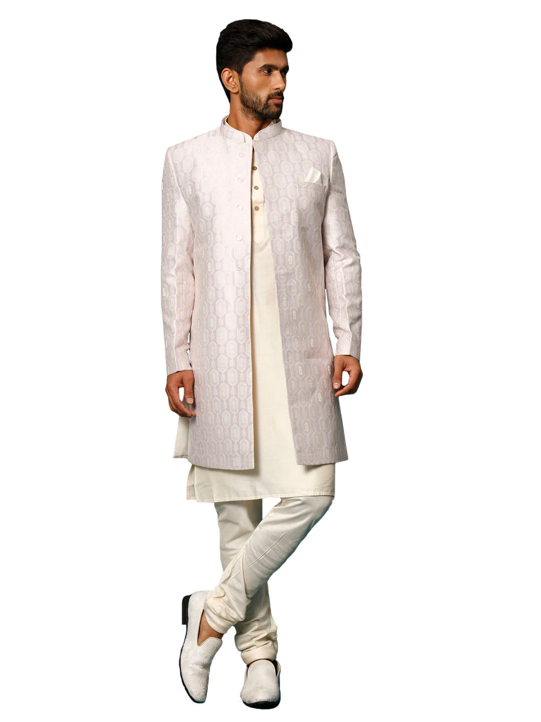 Men's Purple And Cream Viscose Sherwani Set