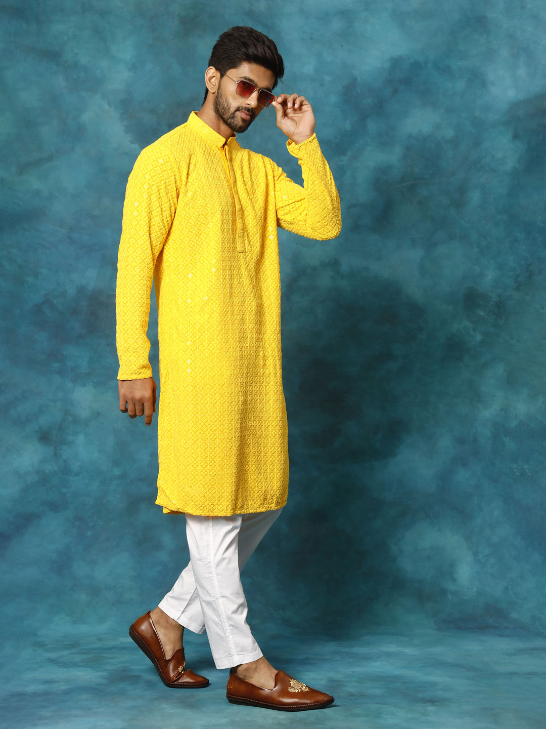 Men's Yellow And White Rayon Cotton Kurta Pyjama Set