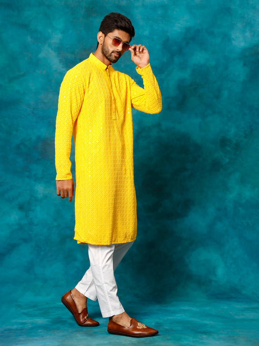 Men's Yellow And White Rayon Cotton Kurta Pyjama Set