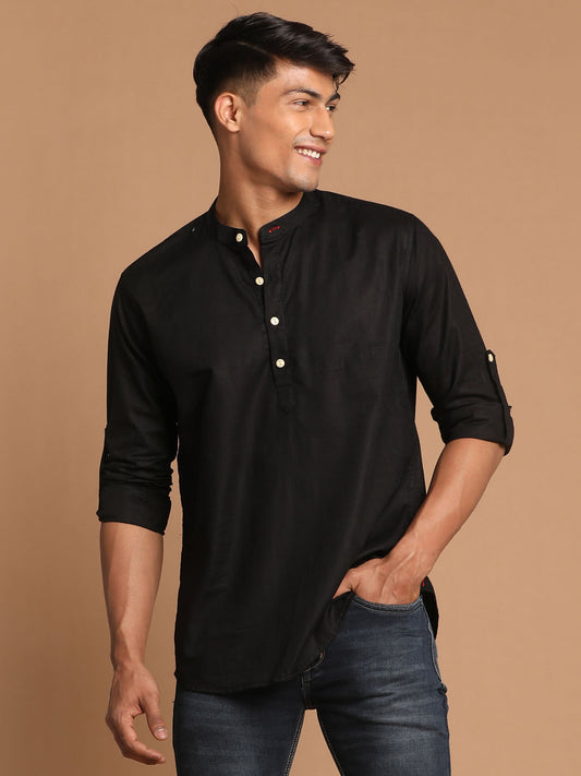 Men's Black Cotton Blend Short Kurta