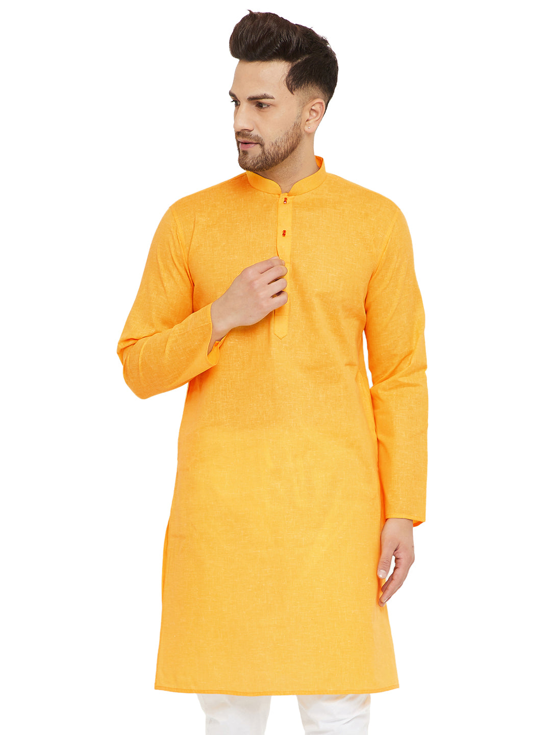 Men's Yellow Cotton Blend Kurta