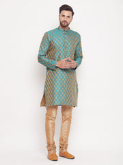 Men Turquoise Silk Blend Kurta