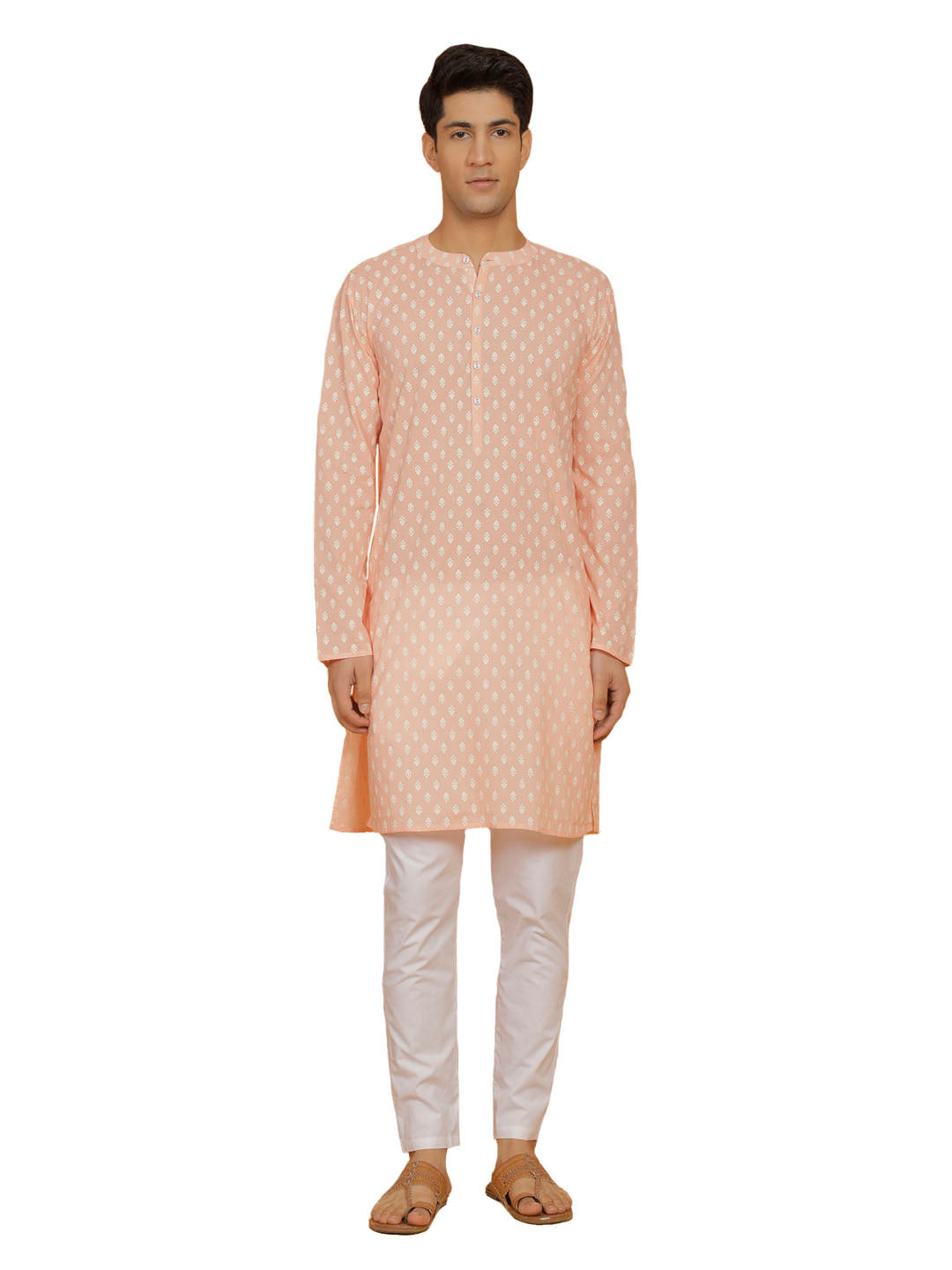 Men's Peach And White Cotton Kurta and Pyjama Set