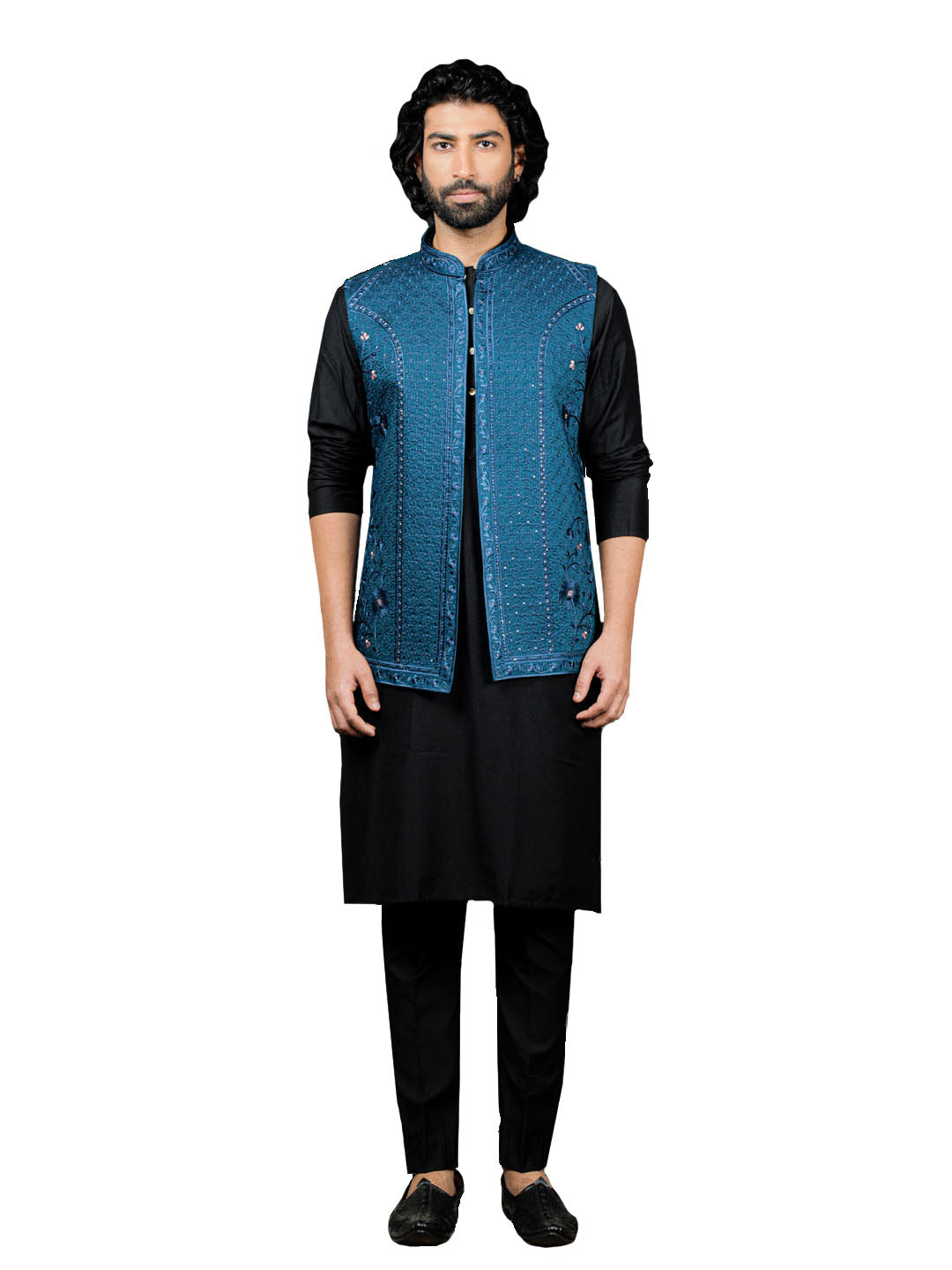 Men's Black And Turquoise Viscose Jacket, Kurta and Pyjama Set