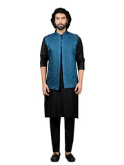 Men's Black And Turquoise Viscose Jacket, Kurta and Pyjama Set