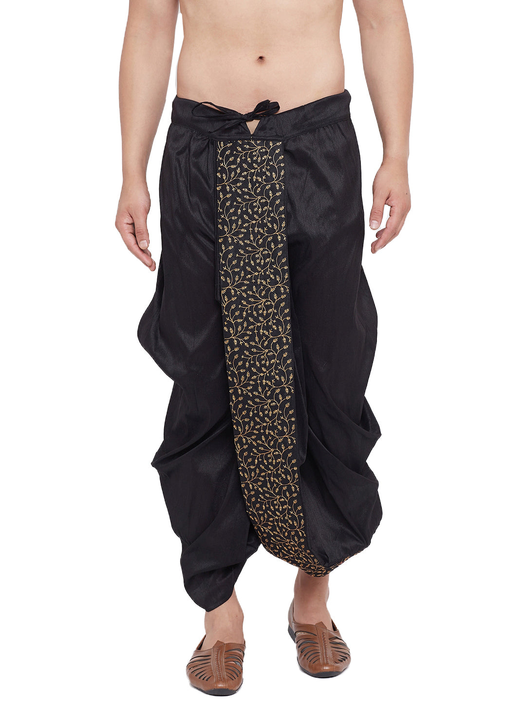 Men's Black Silk Blend Embroidered Dhoti