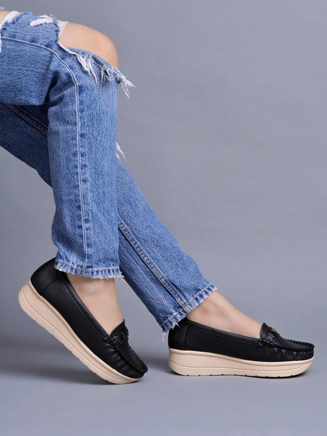 Shoetopia upper Bow Detailed Black Loafers For Women & Gilrs