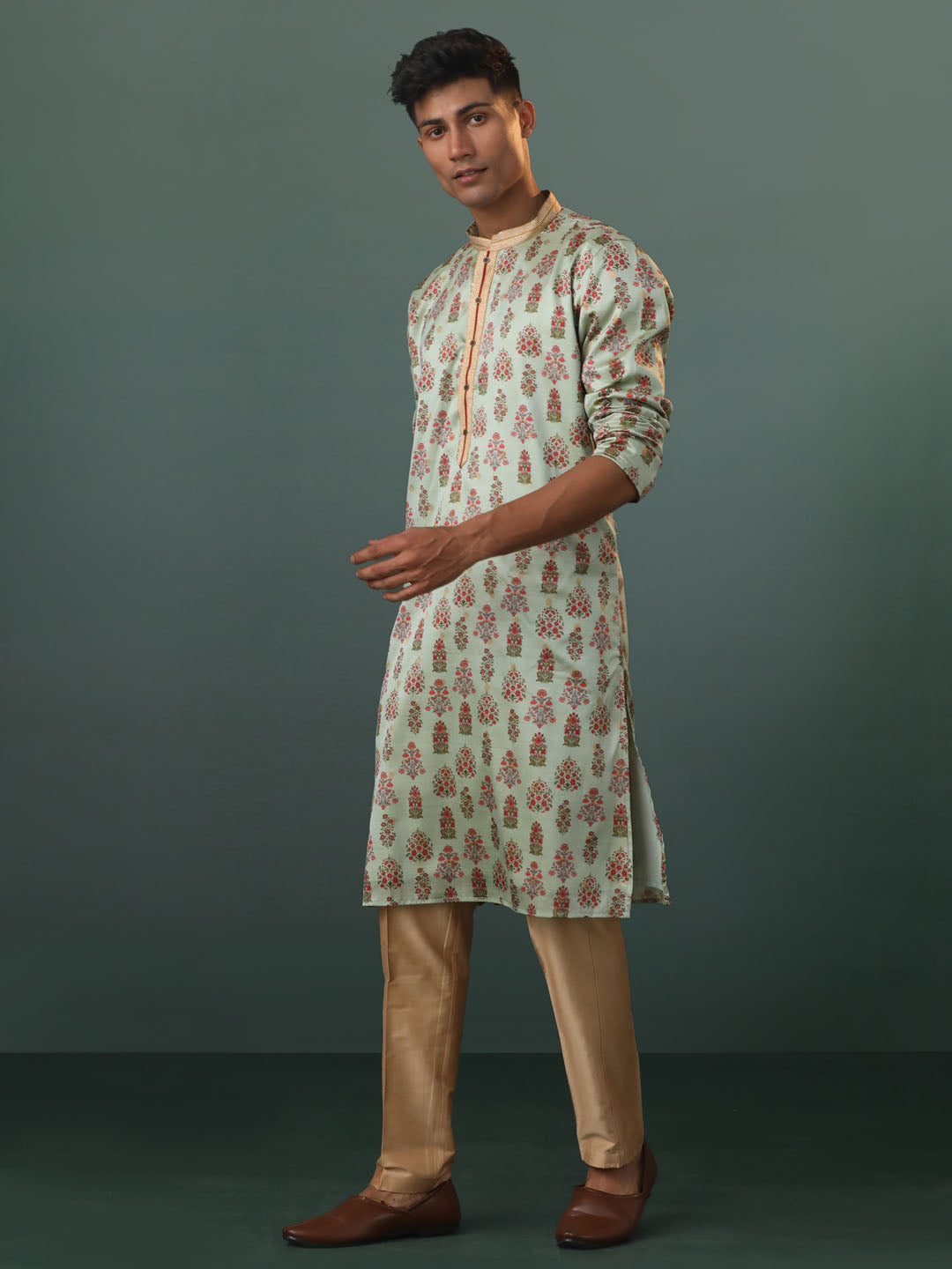 Men's Aqua And Rose Gold Silk Blend Kurta Pyjama Set