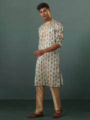 Men's Aqua And Rose Gold Silk Blend Kurta Pyjama Set