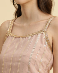 Peach  Strap Style Kurta With Tonal Sharara  And Emroidered Dupatta