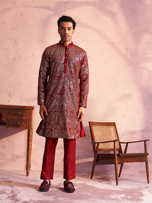 Men's Maroon Georgette Kurta Pyjama Set