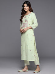 Women Green Thread And Sequins Embroidered Kurta With Tonal Bottom And Dupatta