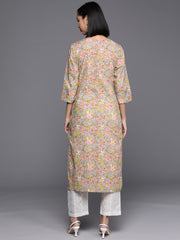 Women Grey And Green Floral Printed Straight Kurta With Printed Trouser