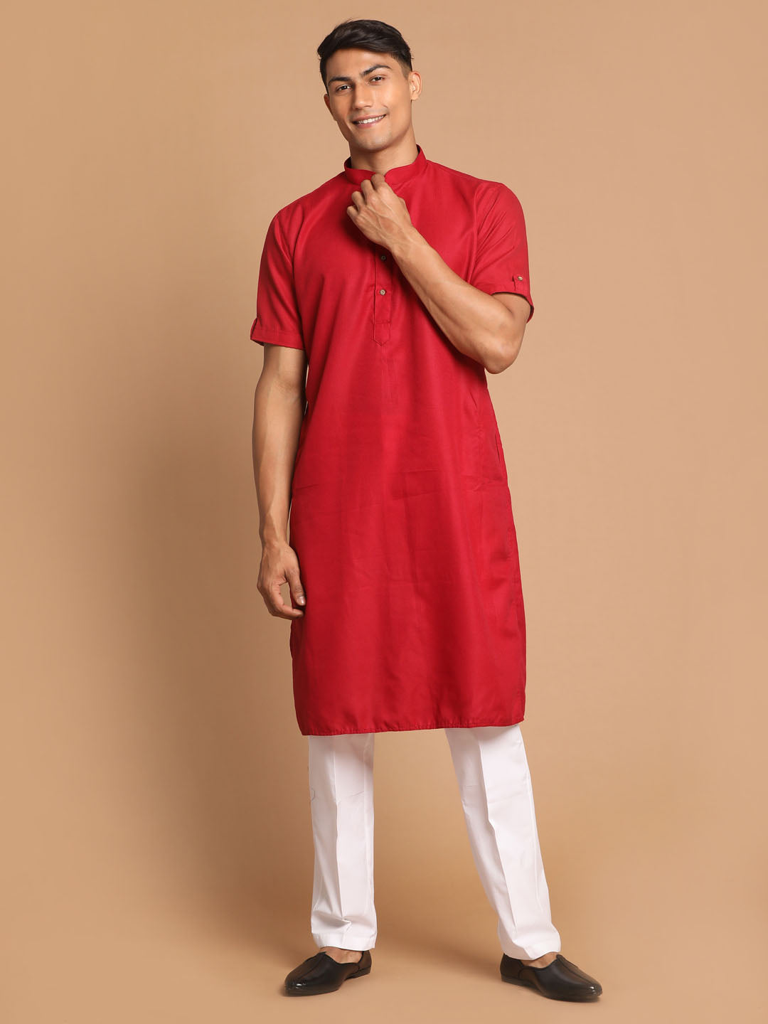 Men's Maroon And White Cotton Blend Kurta Pyjama Set