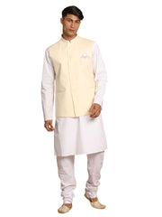 Men's Cream And White Pure Cotton Jacket, Kurta and Pyjama Set