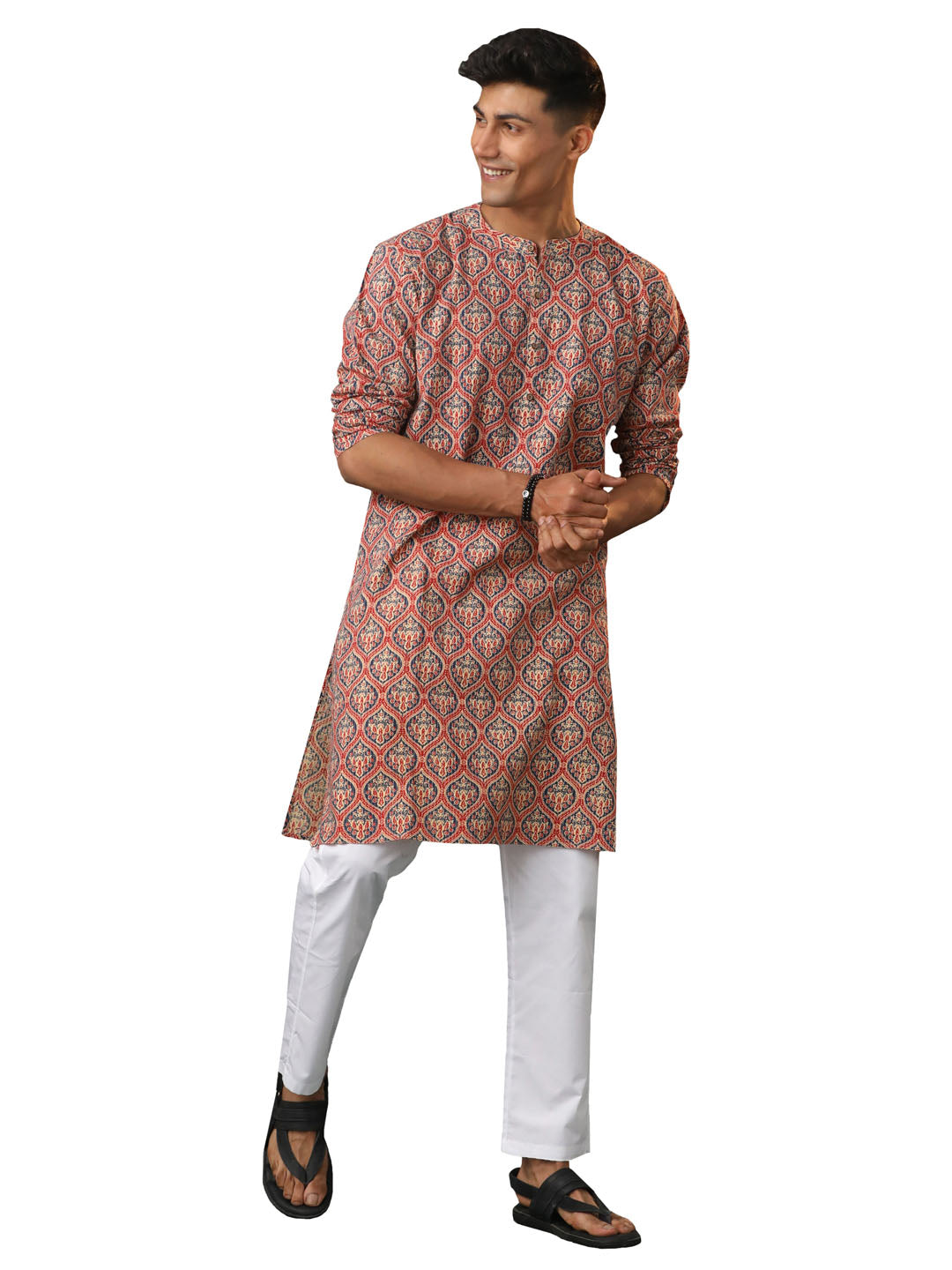 Men's Multicolor Base Red And White Cotton Kurta Pyjama Set