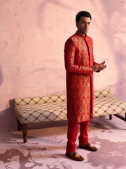 Men's Red Silk Blend Sherwani Set