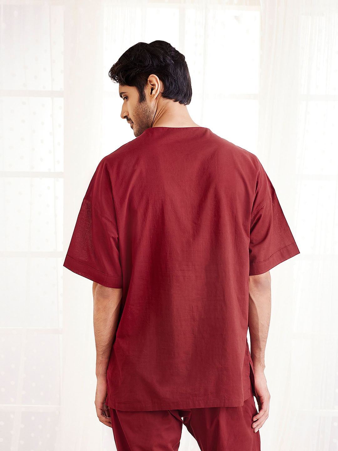 Men's Maroon Cotton Short Kurta